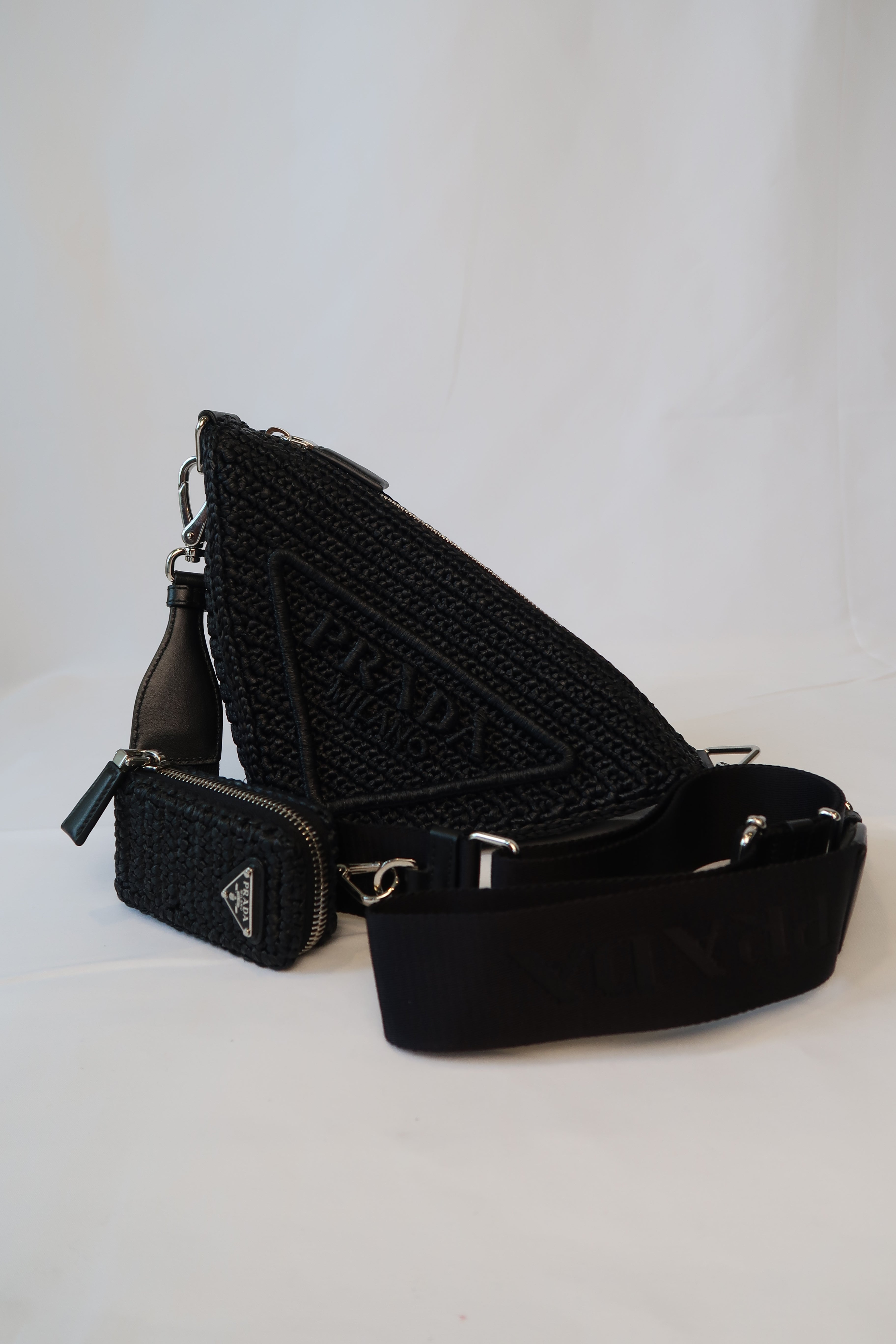 Prada Raffia Black Triangle Bag with Coin Pouch