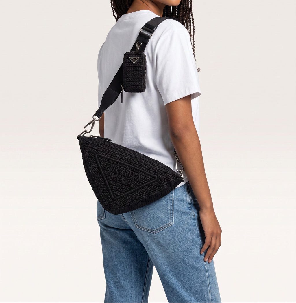 Prada Raffia Black Triangle Bag with Coin Pouch