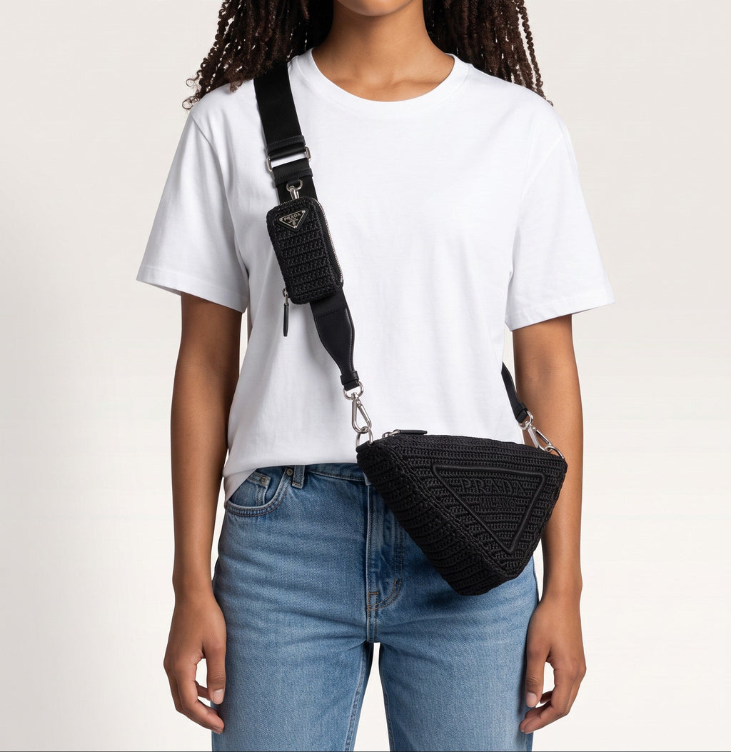 Prada Raffia Black Triangle Bag with Coin Pouch