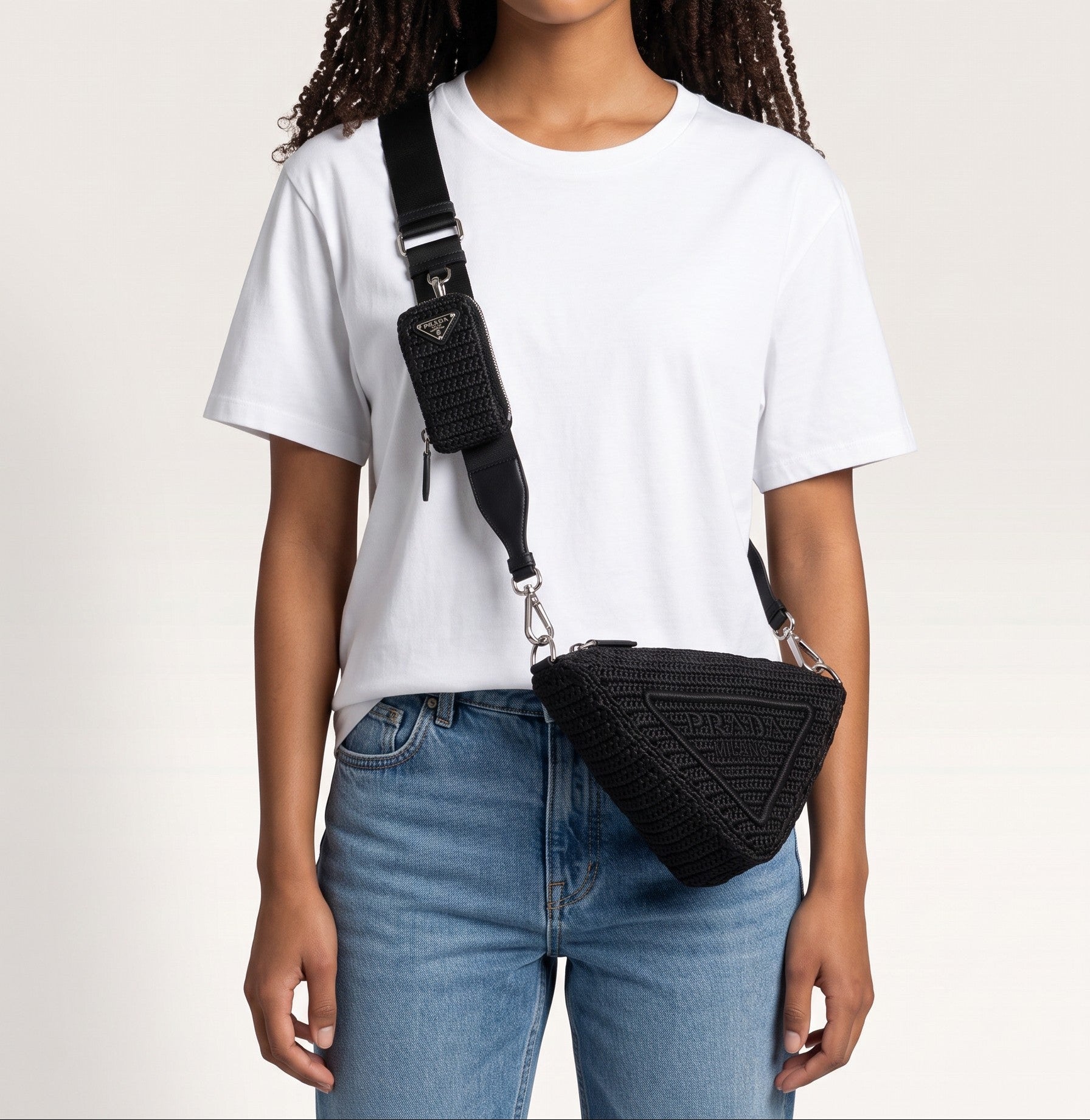 Prada Raffia Black Triangle Bag with Coin Pouch