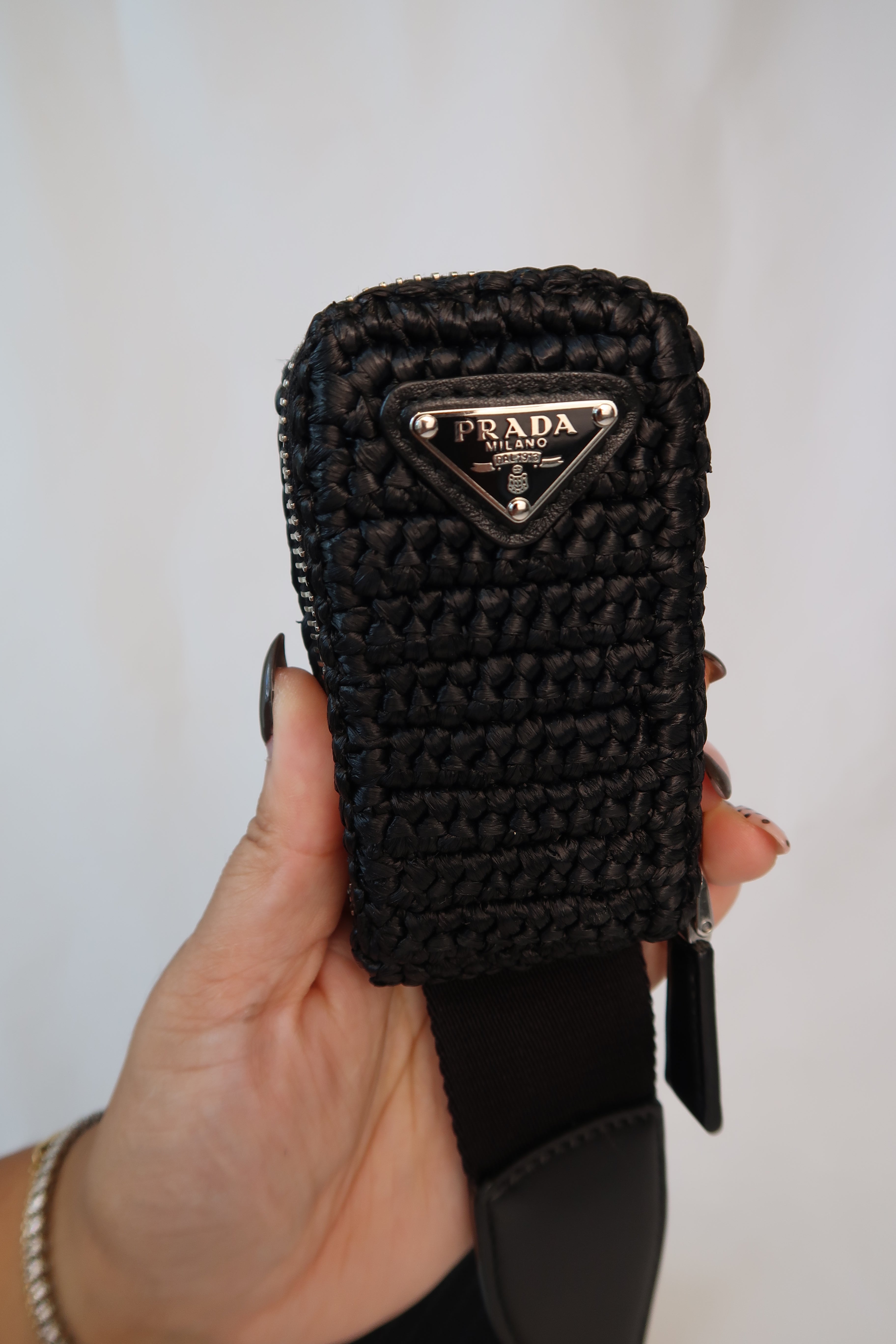Prada Raffia Black Triangle Bag with Coin Pouch