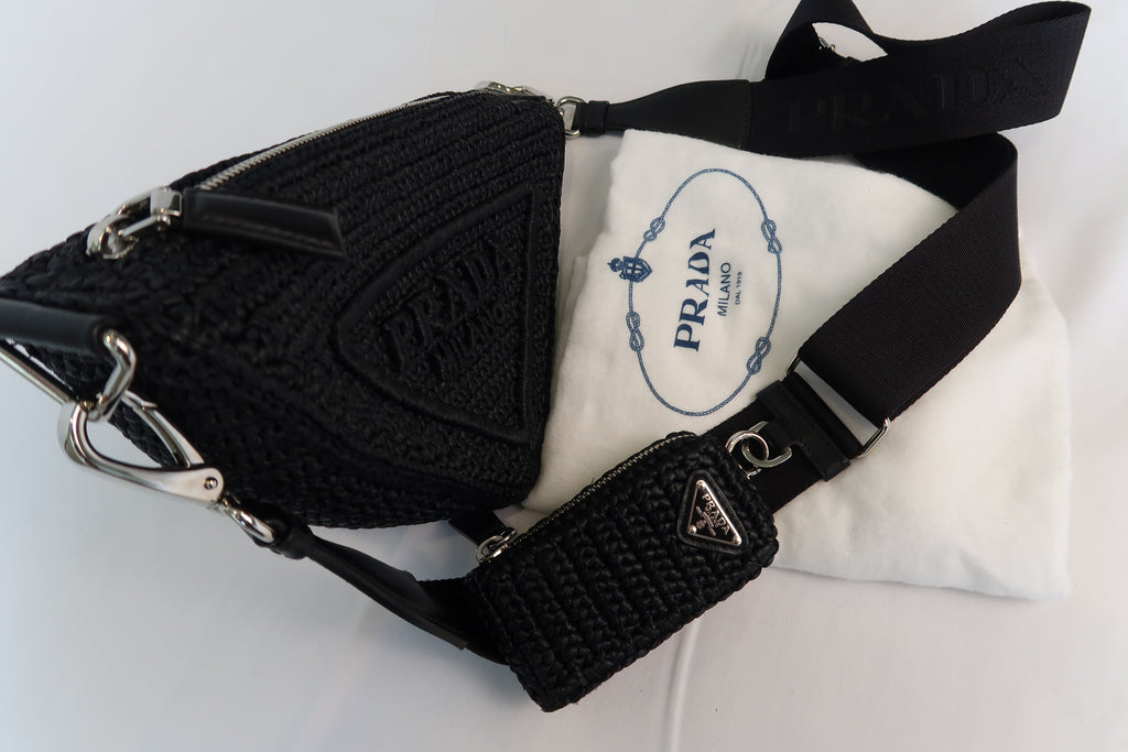 Prada Raffia Black Triangle Bag with Coin Pouch