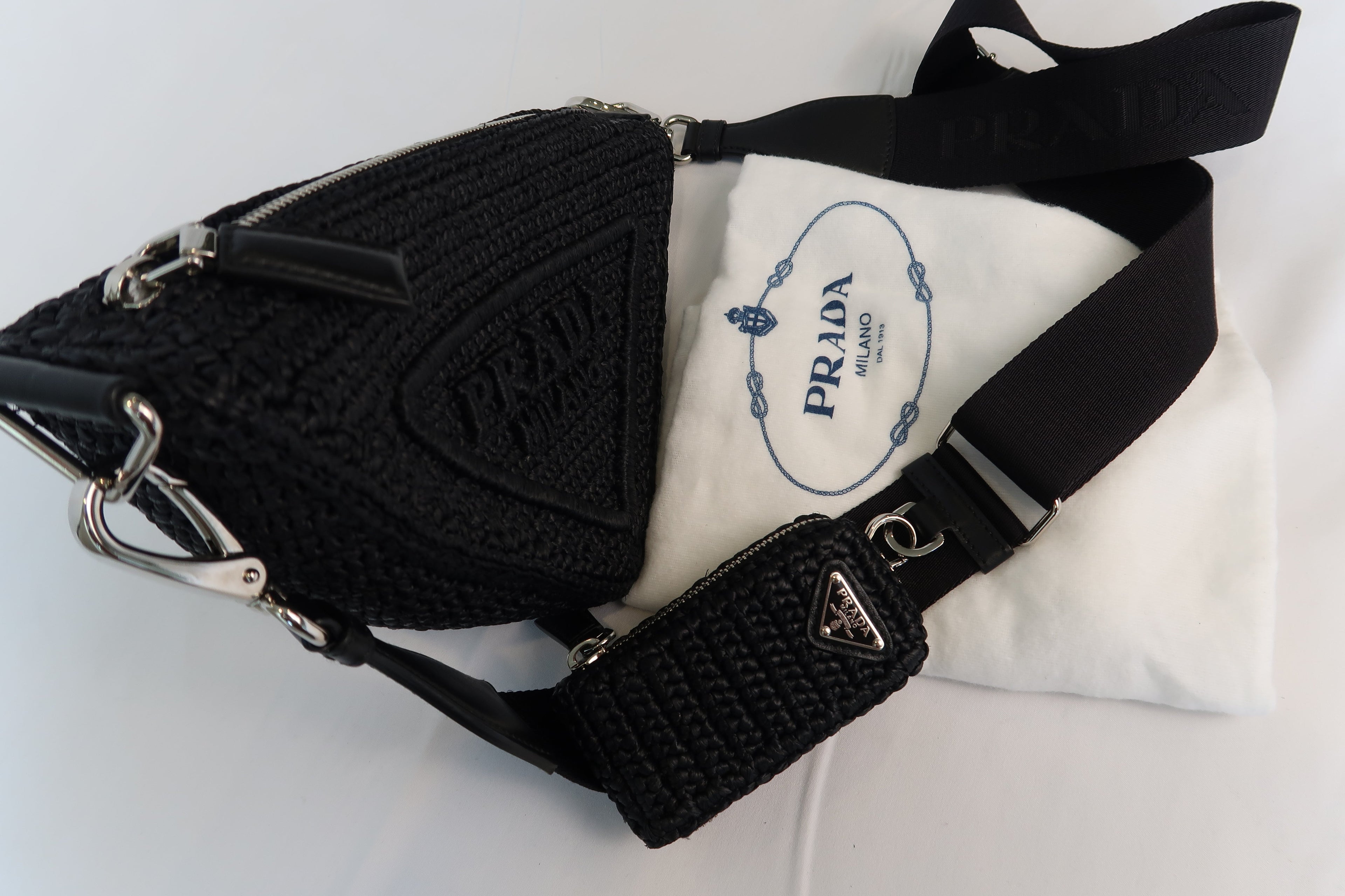 Prada Raffia Black Triangle Bag with Coin Pouch