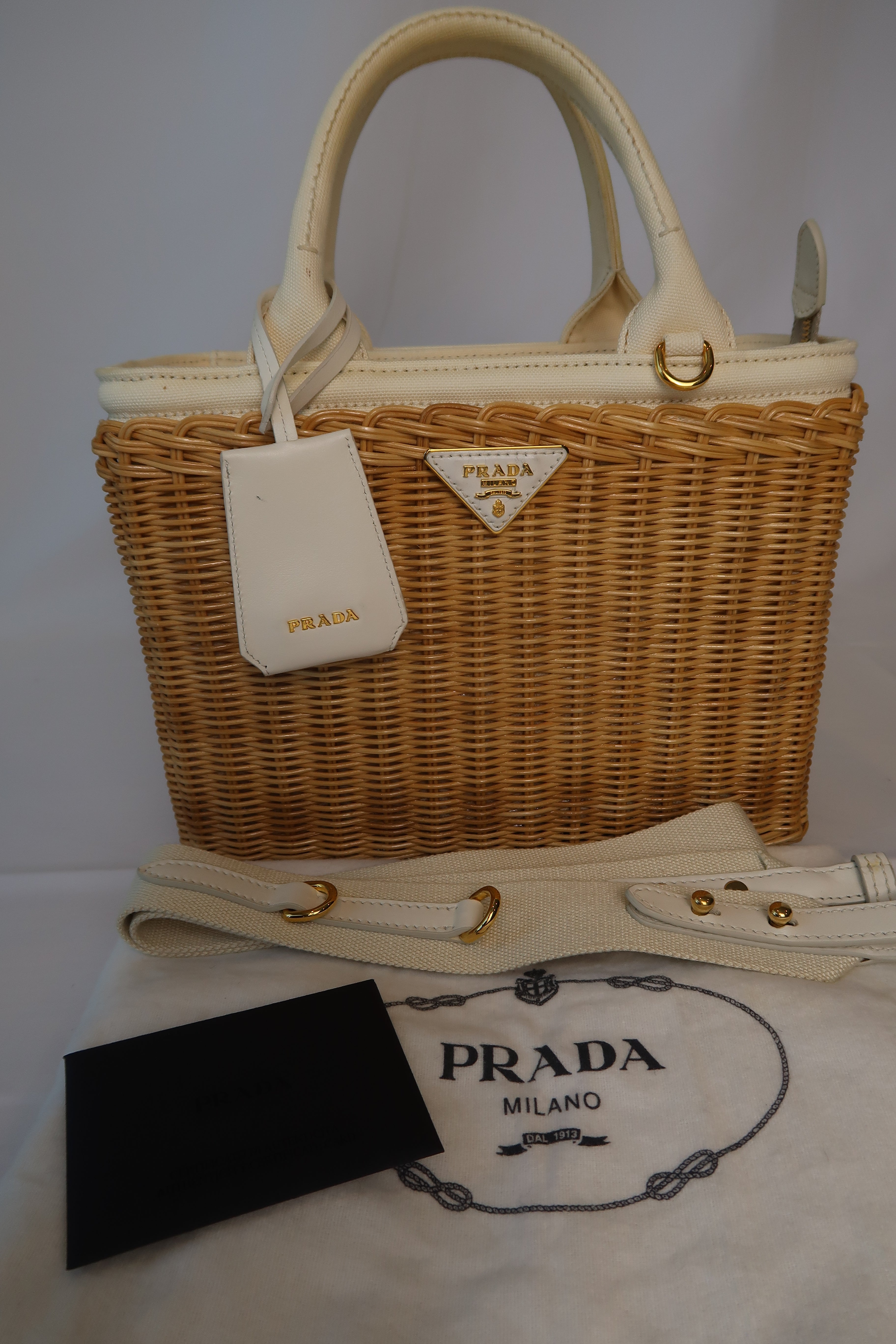 Prada White Wicker and Canvas Tote Medium