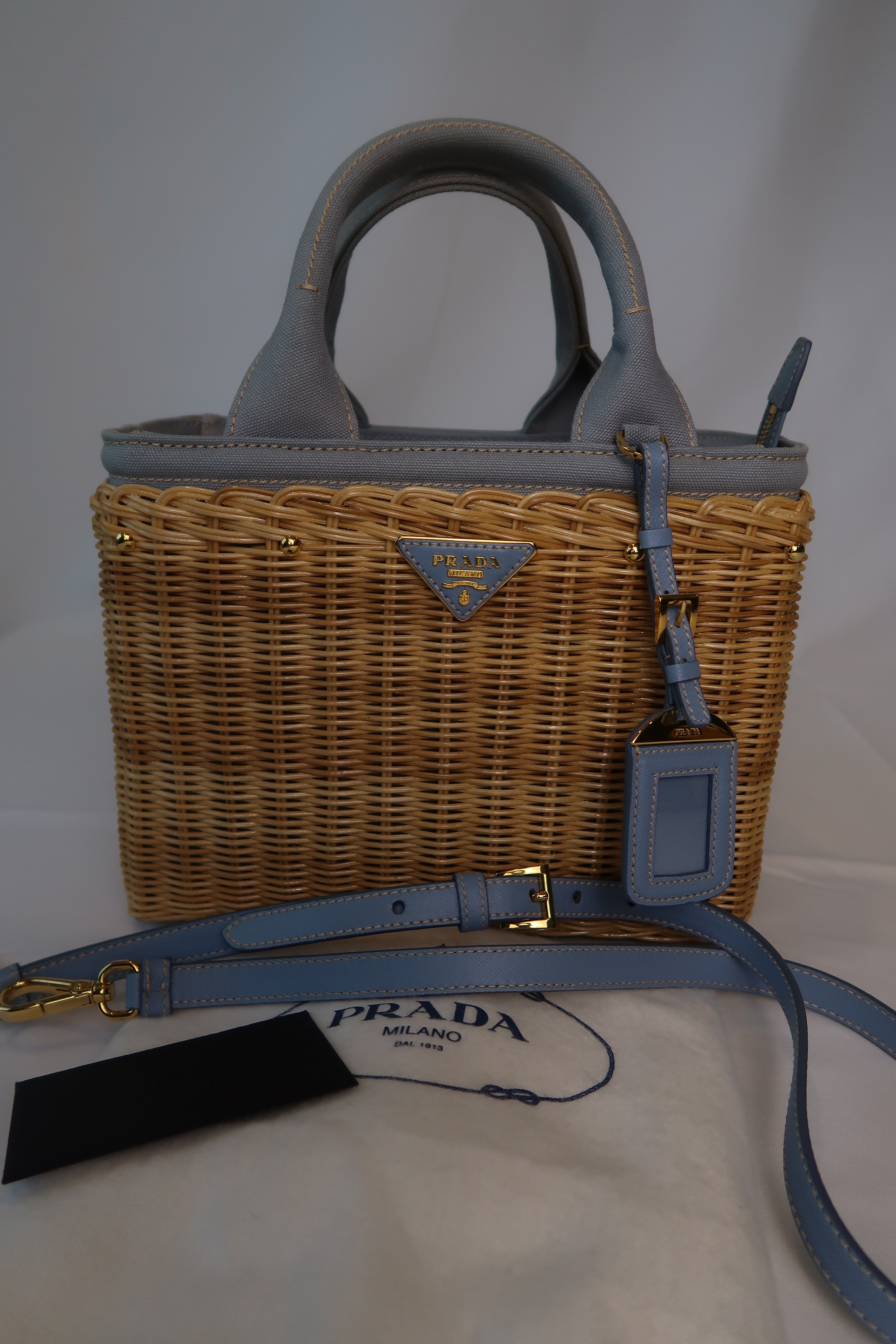 Prada Blue Wicker and Canvas Tote Medium