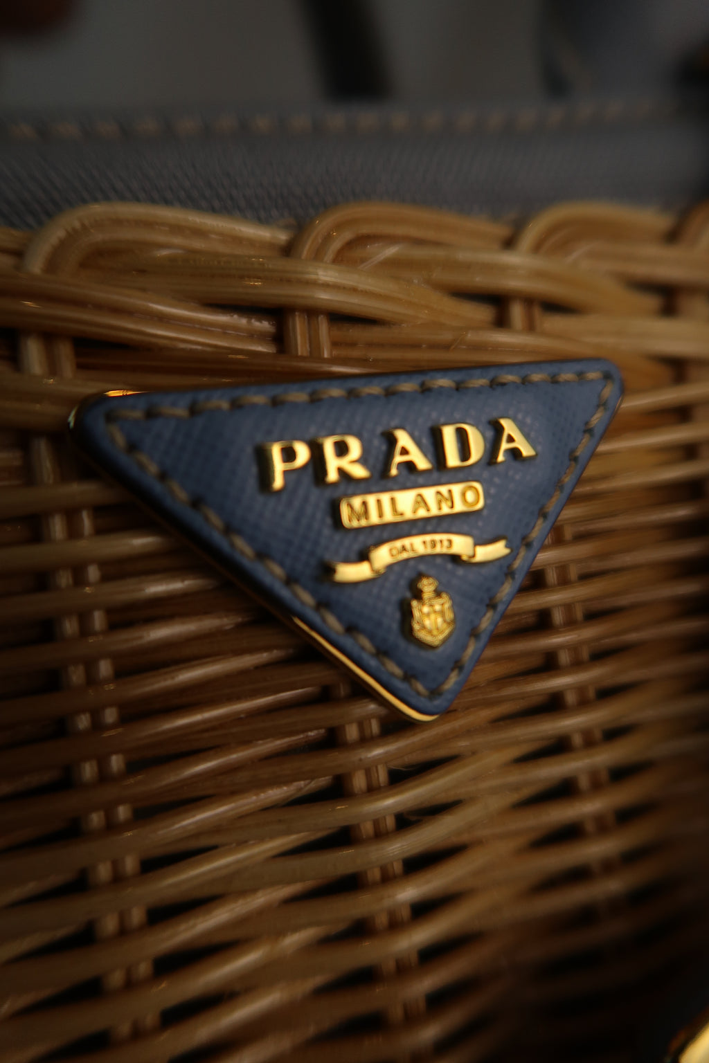 Prada Blue Wicker and Canvas Tote Medium