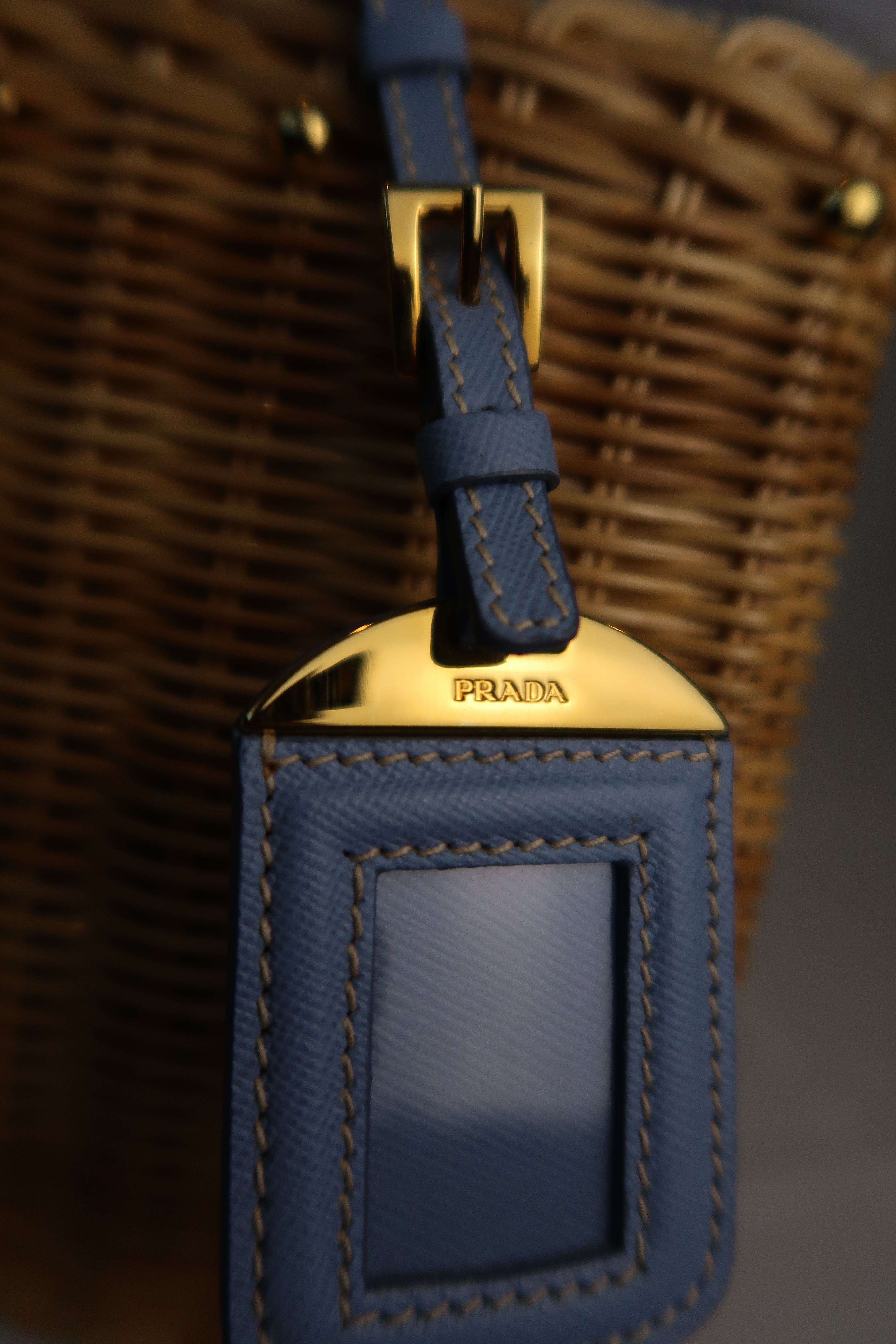 Prada Blue Wicker and Canvas Tote Medium