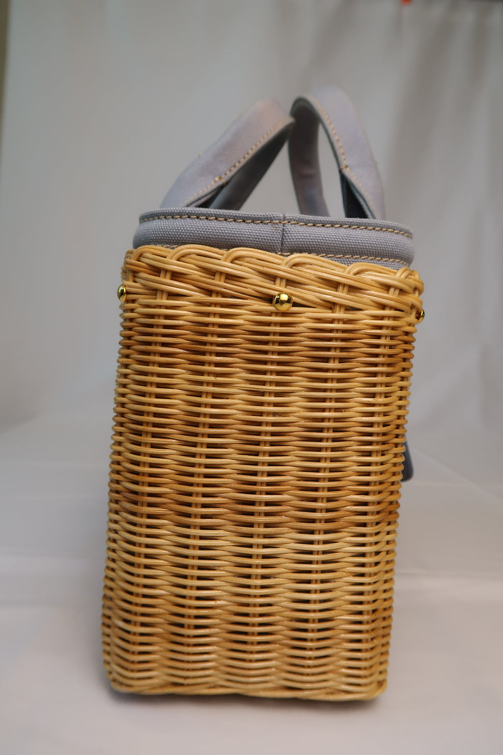 Prada Blue Wicker and Canvas Tote Medium
