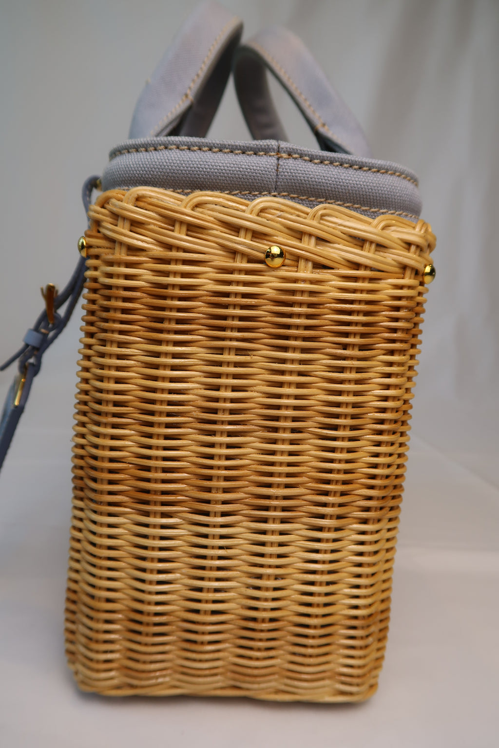 Prada Blue Wicker and Canvas Tote Medium