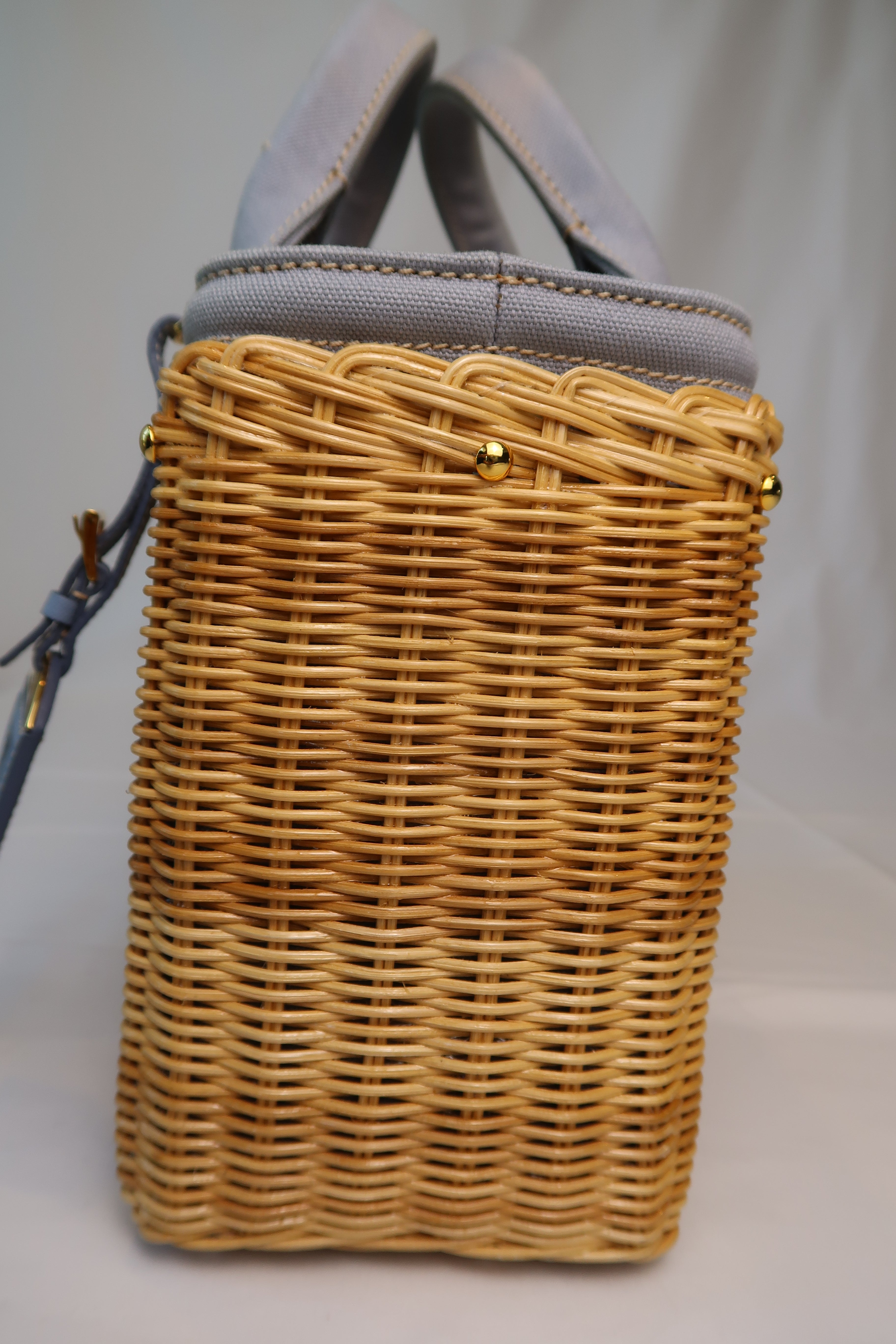 Prada Blue Wicker and Canvas Tote Medium