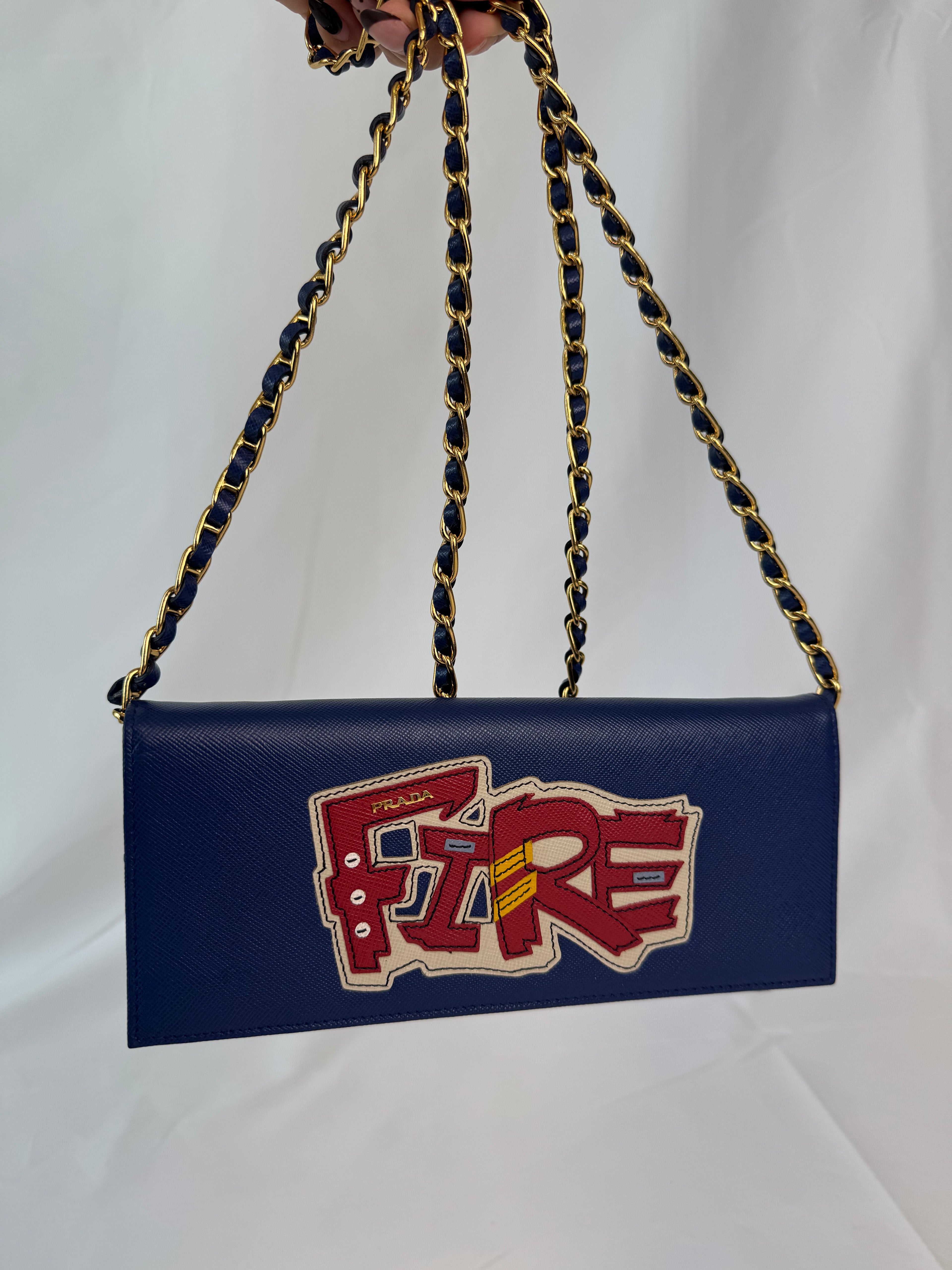 Prada "Fire" Wallet on Chain Blue Saffiano
