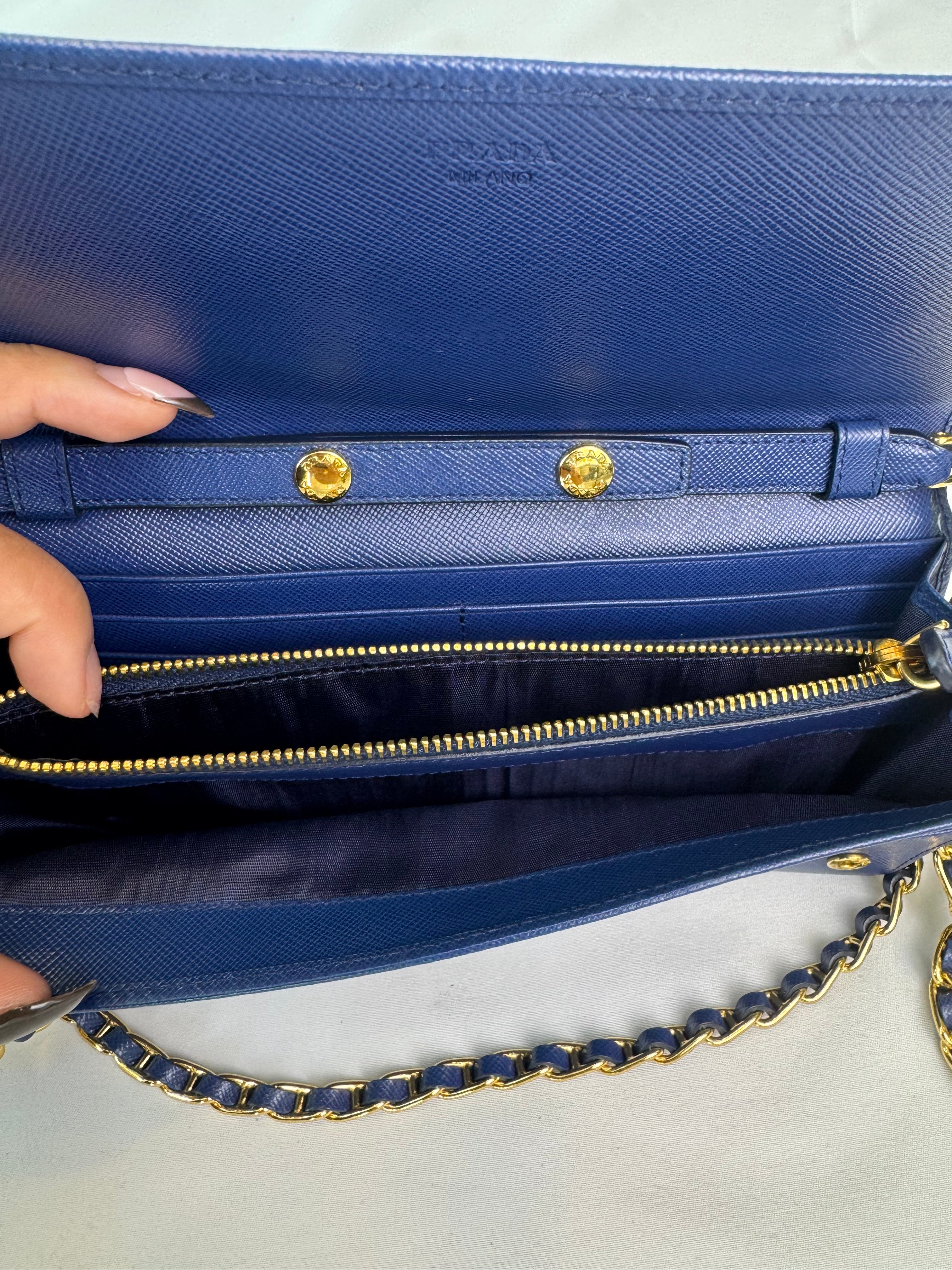 Prada "Fire" Wallet on Chain Blue Saffiano