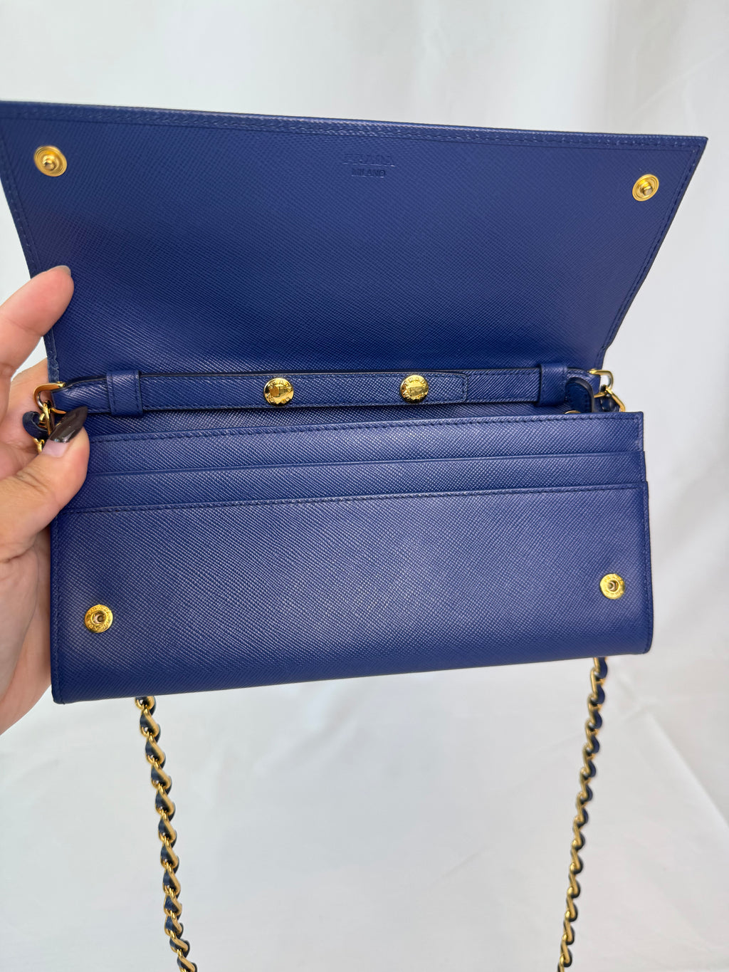 Prada "Fire" Wallet on Chain Blue Saffiano