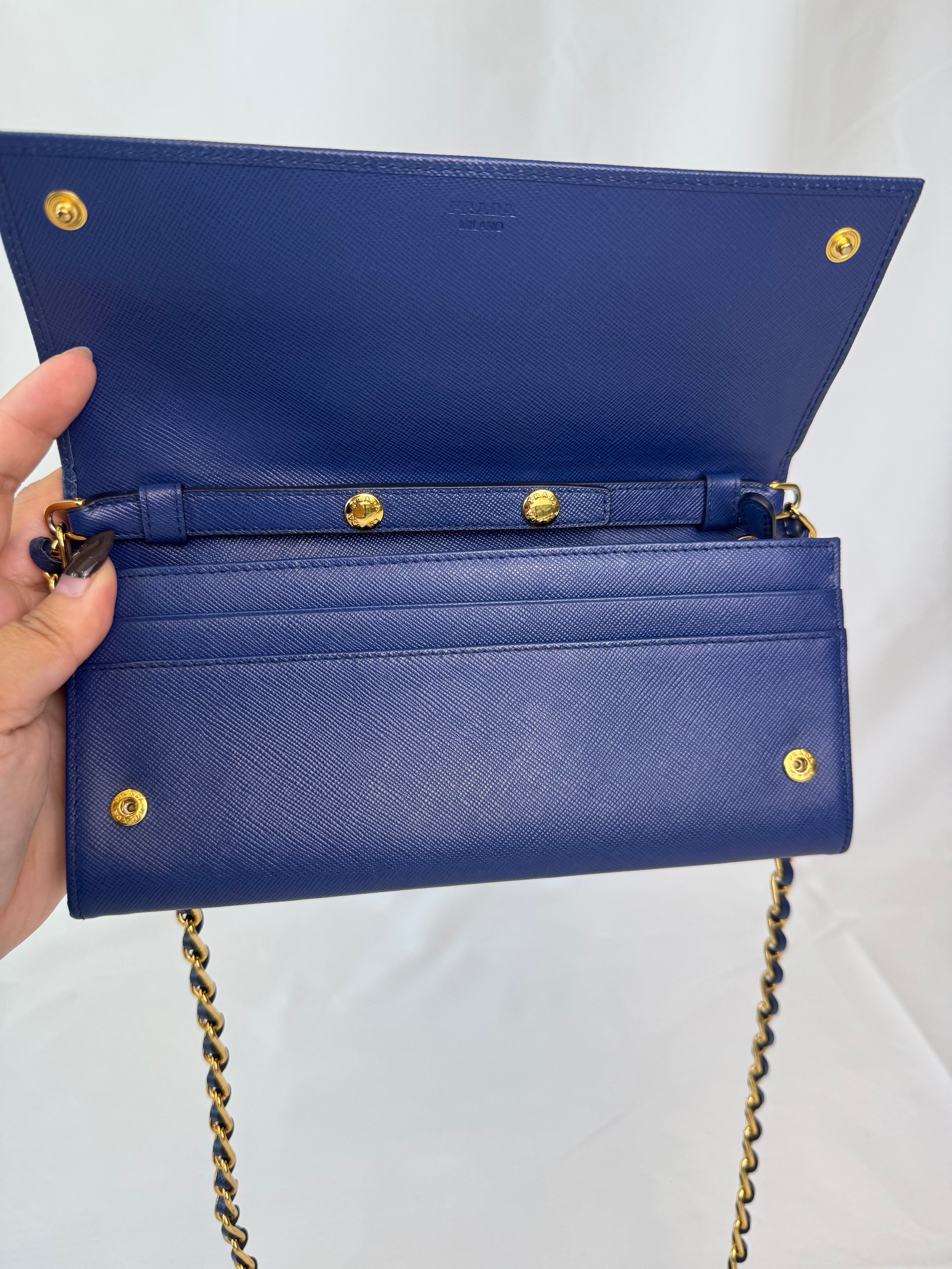 Prada "Fire" Wallet on Chain Blue Saffiano