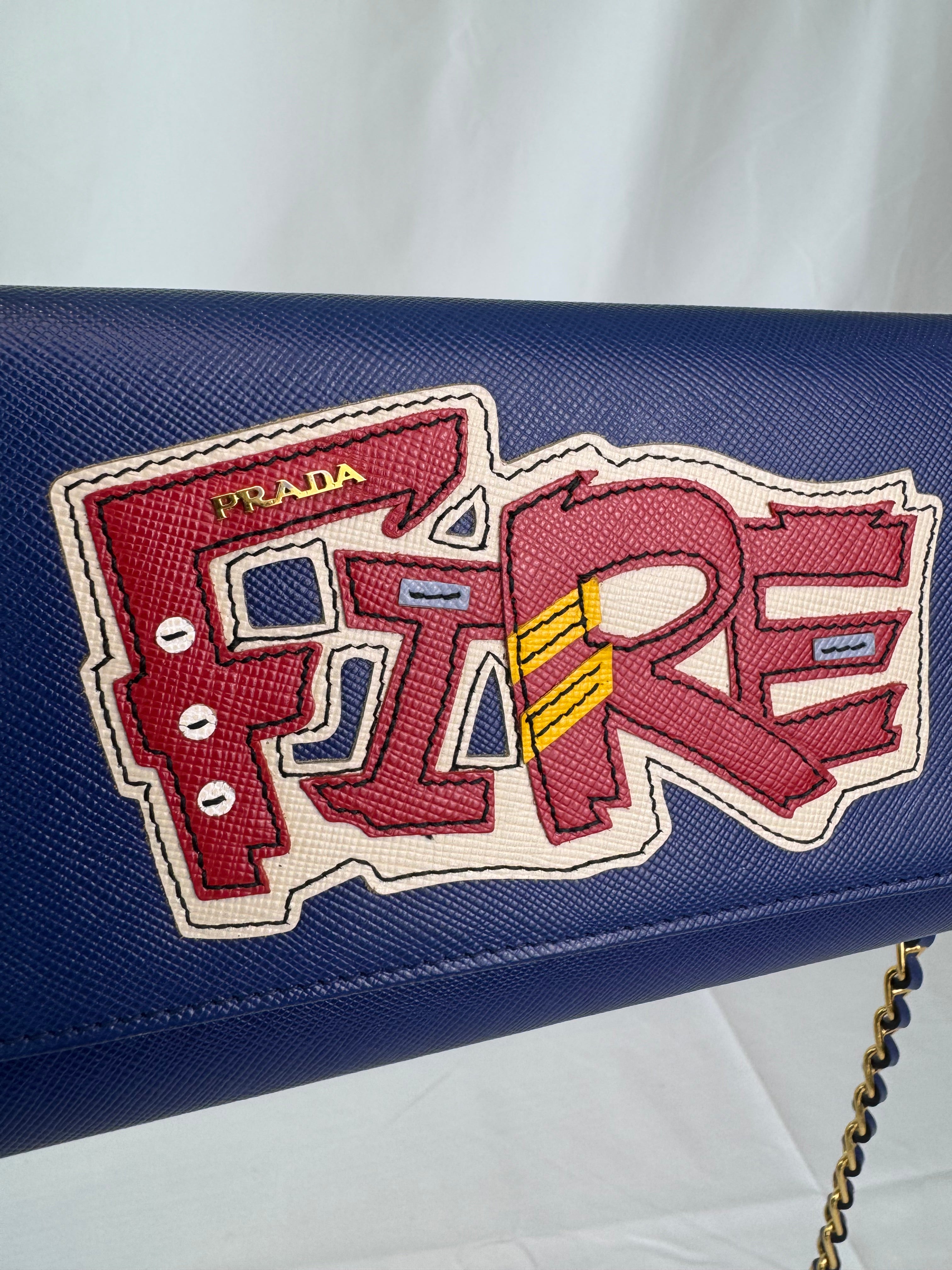 Prada "Fire" Wallet on Chain Blue Saffiano