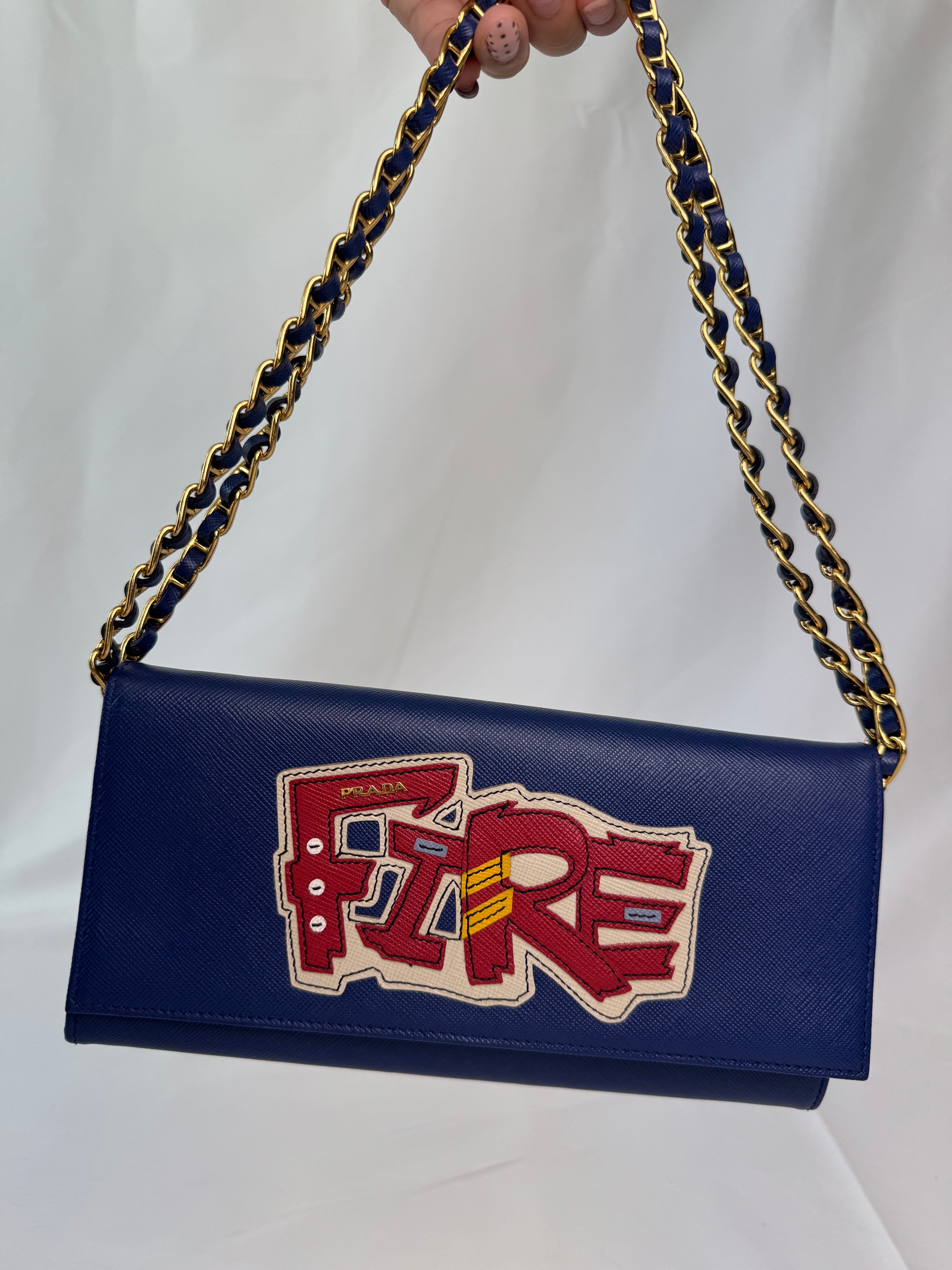 Prada "Fire" Wallet on Chain Blue Saffiano