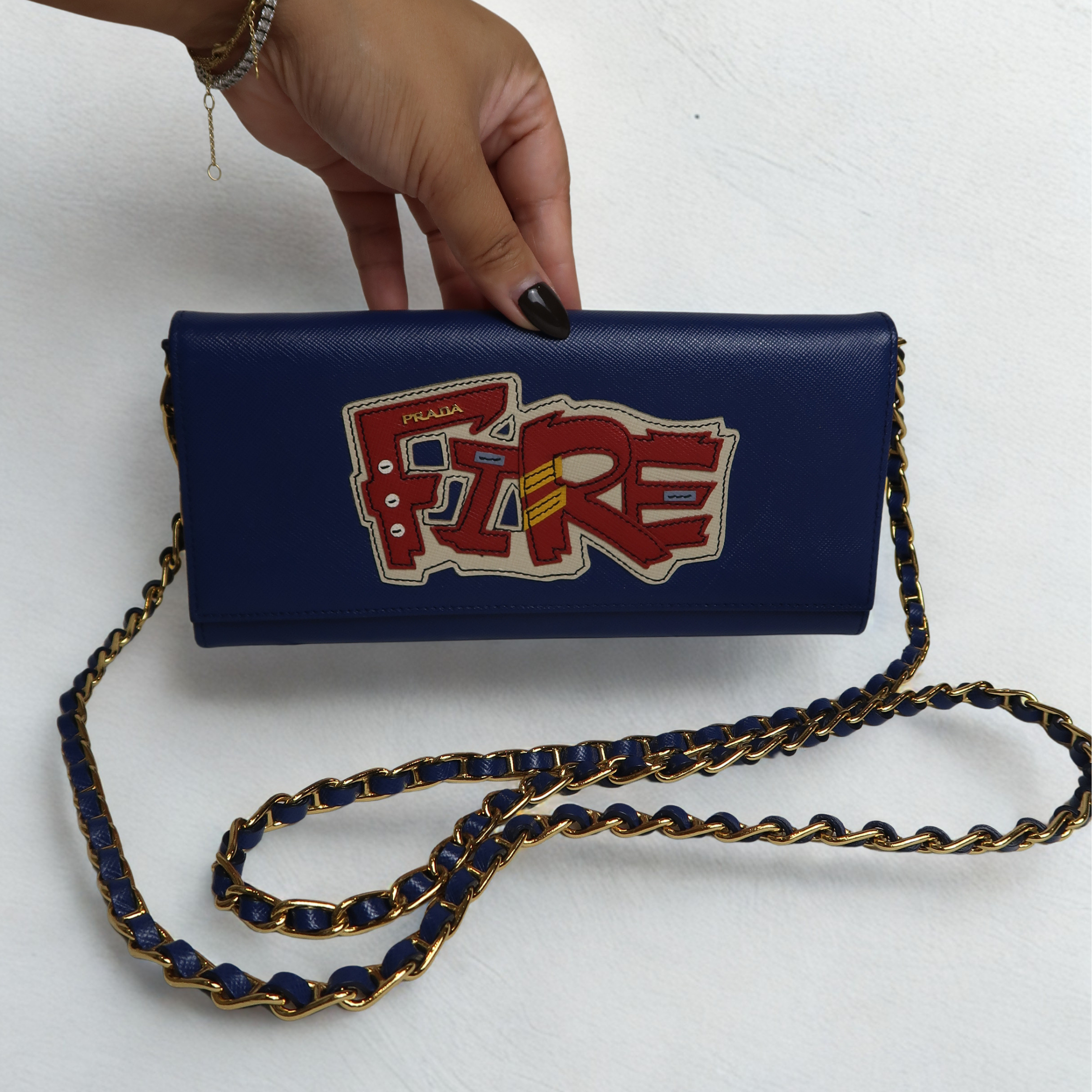 Prada "Fire" Wallet on Chain Blue Saffiano