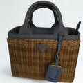 Prada Blue Wicker and Canvas Tote Medium
