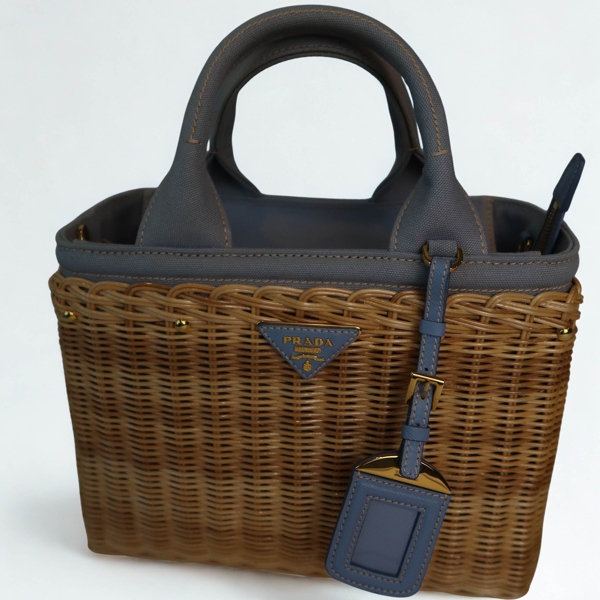 Prada Blue Wicker and Canvas Tote Medium