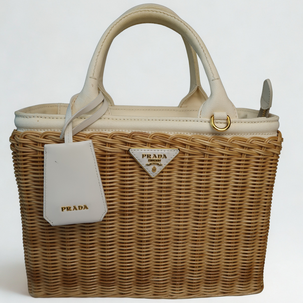 Prada White Wicker and Canvas Tote Medium